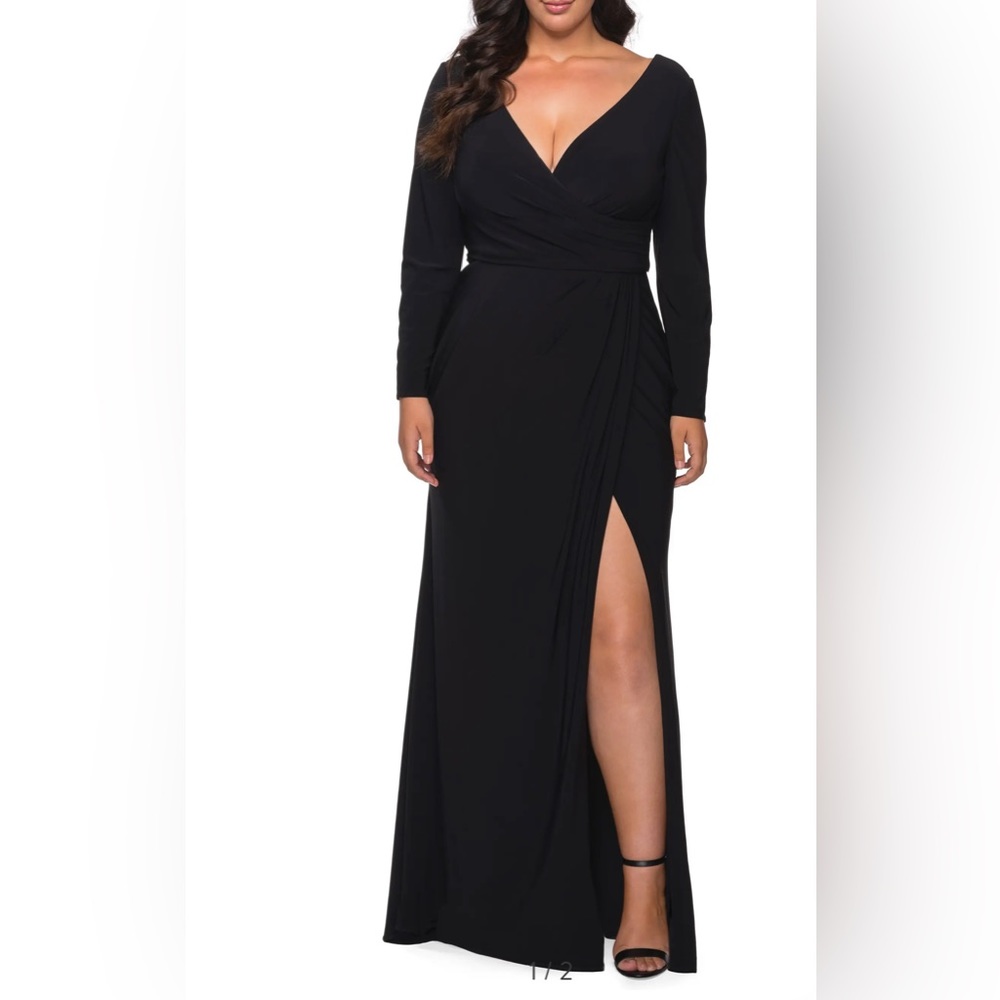 La Femme Long Sleeve Faux Wrap Gown